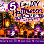 5 easy DIY Halloween decorations on a budget featuring glowing miniature haunted houses and spooky Halloween crafts