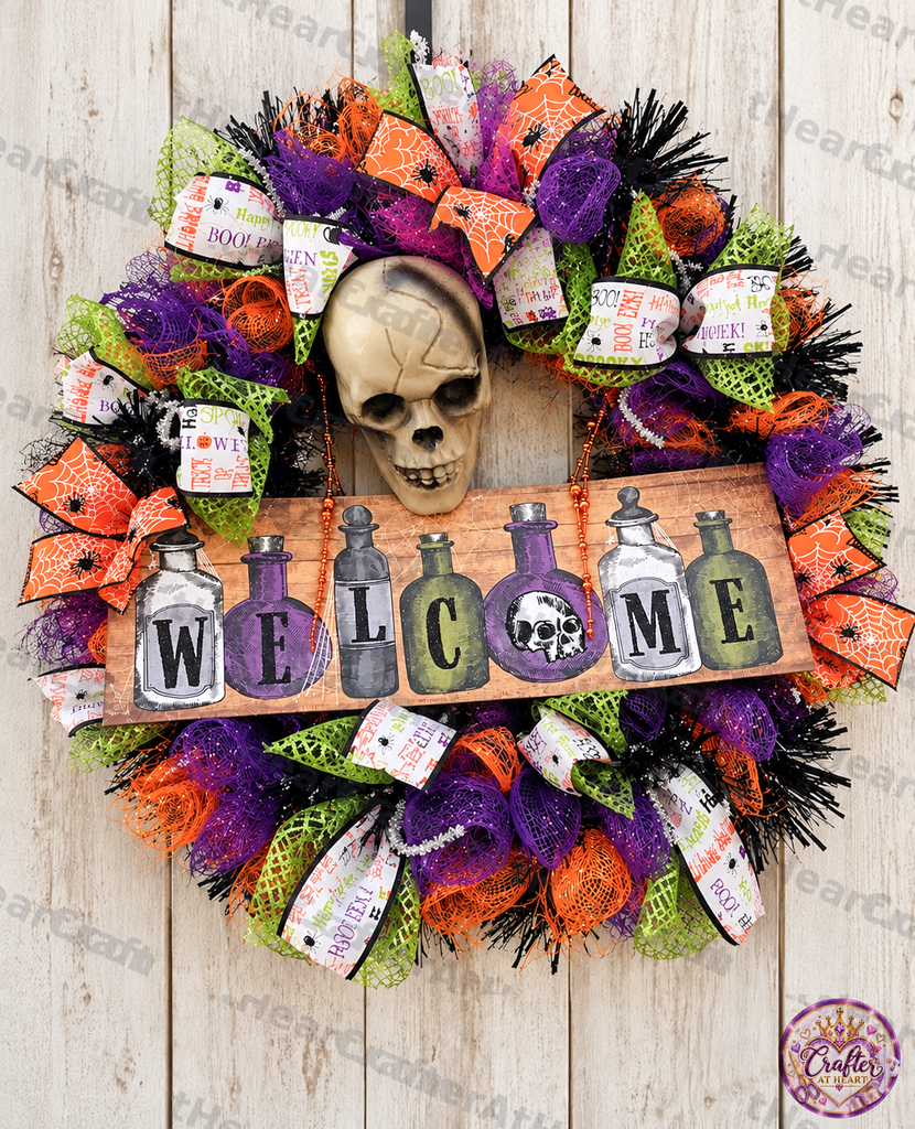 Finished DIY Halloween welcome wreath with purple, orange, and lime-green mesh, spooky skull accents, skull bead necklace, and WELCOME sign.