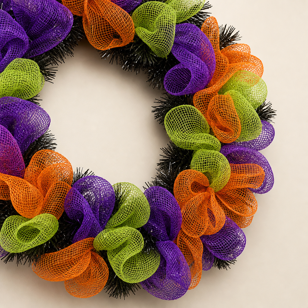 Purple, orange, and lime-green deco mesh layered with throughout the DIY Halloween wreath.