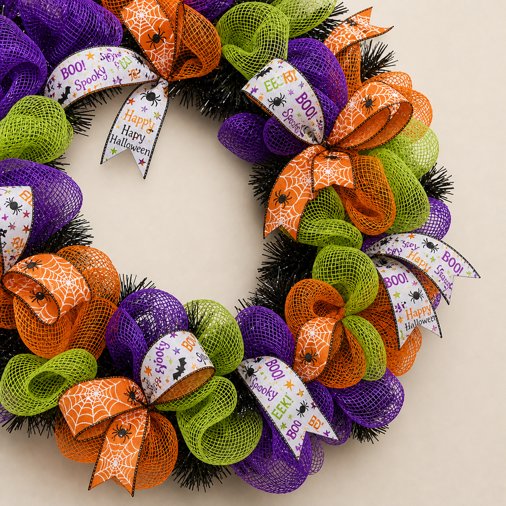 Layered with Halloween ribbon to create a colorful DIY Halloween wreath.