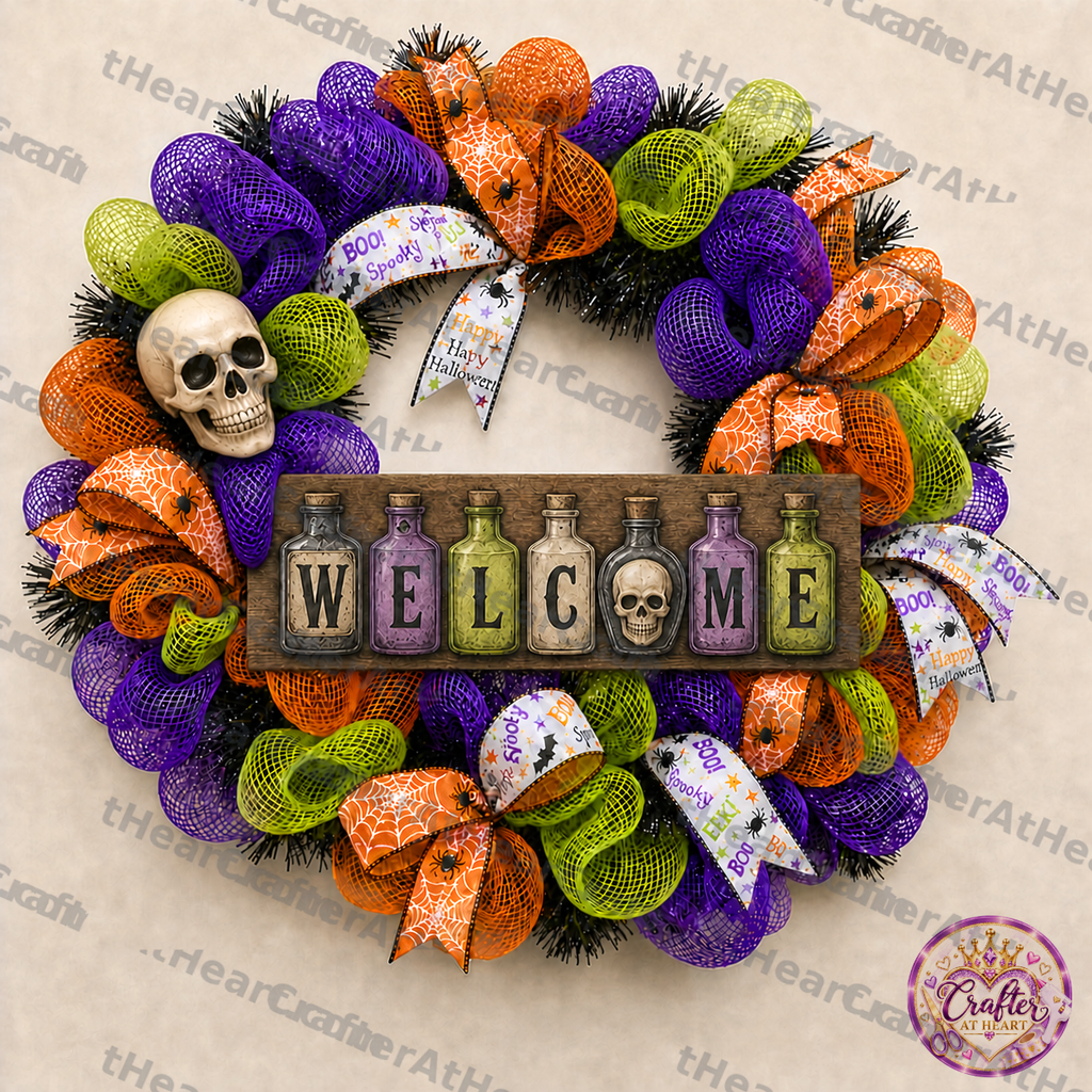 Fill in the gaps to add volume to this Spooky Halloween wreath.  Rearrange and hot glue the final touches of purple, orange, and lime-green Halloween deco mesh. 